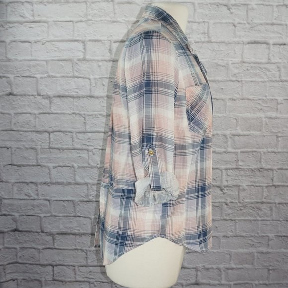 Bloomingdales Aqua Plaid Button Down Top - Picture 3 of 7